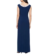 Alex Evenings Sleeveless Embellished Crew Neck Front Slit Gown