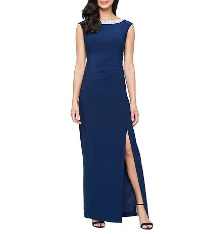 Alex Evenings Cap Sleeve Embellished Crew Neck Front Slit Gown