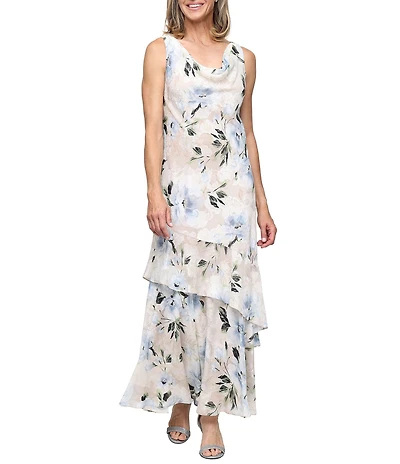 Alex Evenings Sleeveless Floral Chiffon Burnout Asymmetrical Hem Long Dress