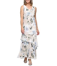 Alex Evenings Sleeveless Floral Chiffon Burnout Asymmetrical Hem Long Dress
