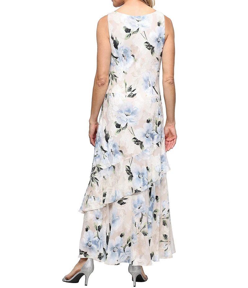 Alex Evenings Sleeveless Floral Chiffon Burnout Asymmetrical Hem Long Dress