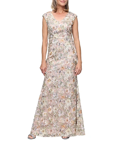 Alex Evenings Sleeveless Floral Embroidered Long Dress