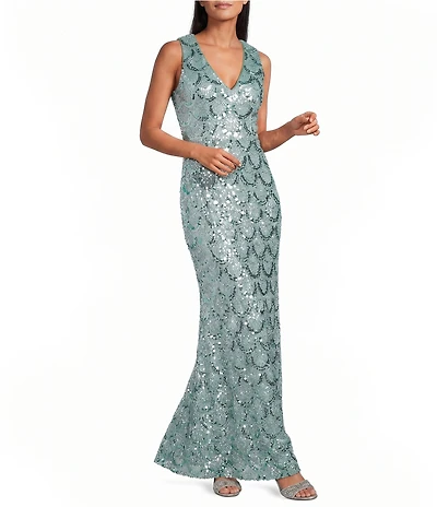 Alex Evenings Sleeveless Sequin V Neck Long Sheath Dress