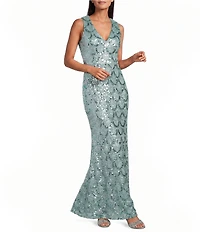 Alex Evenings Sleeveless Sequin V Neck Long Sheath Dress