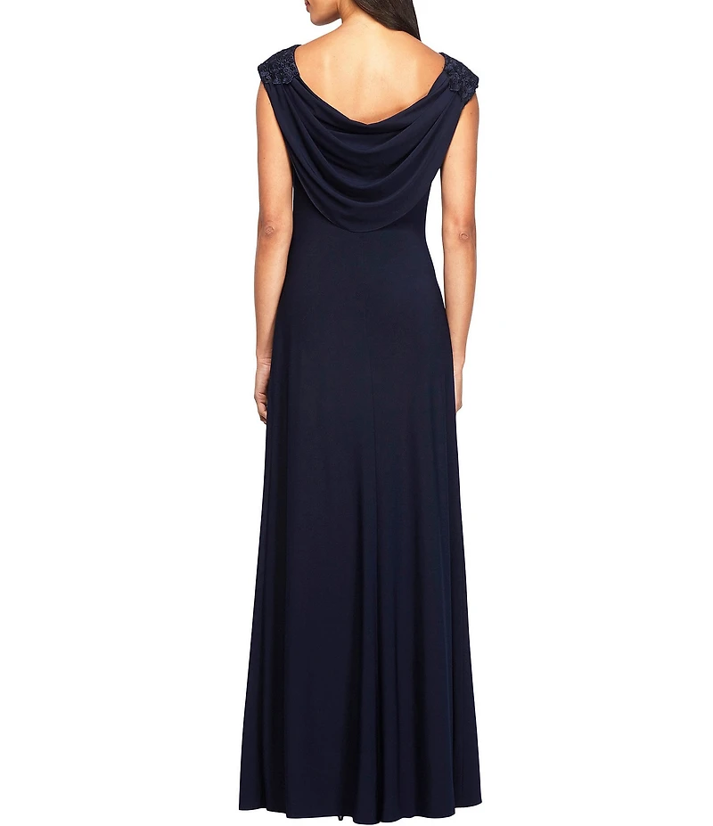Alex Evenings Soutache Floral Lace Boat Neck Cowl-Back Cap Sleeve Ruched Gown