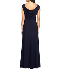 Alex Evenings Soutache Floral Lace Boat Neck Cowl-Back Cap Sleeve Ruched Gown