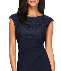 Alex Evenings Soutache Floral Lace Boat Neck Cowl-Back Cap Sleeve Ruched Gown