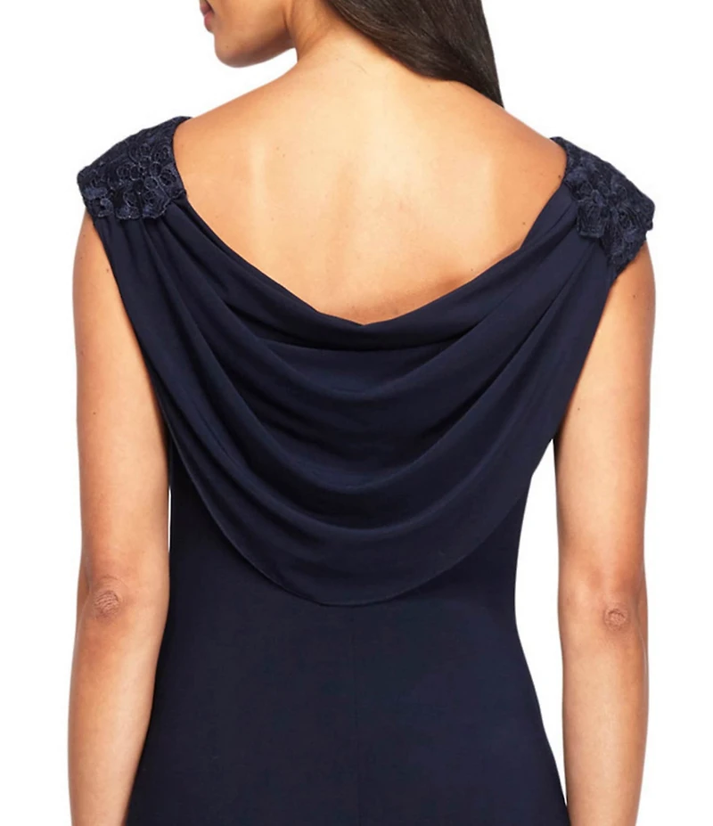 Alex Evenings Soutache Floral Lace Boat Neck Cowl-Back Cap Sleeve Ruched Gown