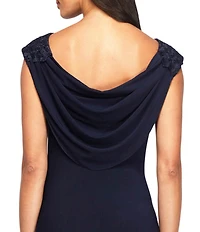 Alex Evenings Soutache Floral Lace Boat Neck Cowl-Back Cap Sleeve Ruched Gown