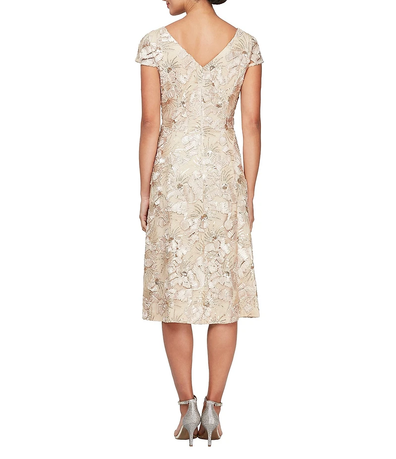 Alex Evenings Soutache Lace Sequin Round Neck Cap Sleeve Tea Dress