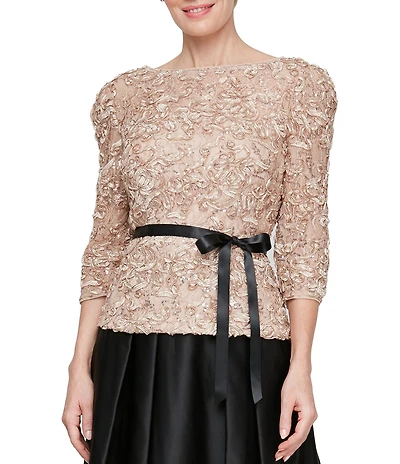 Alex Evenings Soutache Lace Tie Belt Blouse