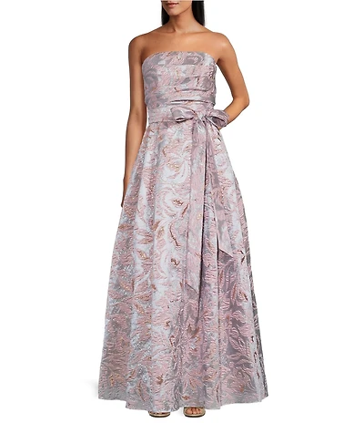 Alex Evenings Strapless A Line Tie Waist Jacquard Gown