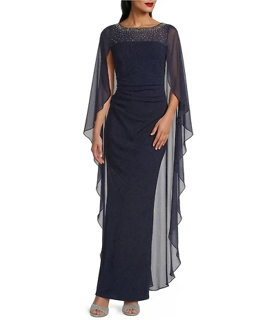 Alex Evenings Stretch Crepe Illusions Neck Column Long Gown