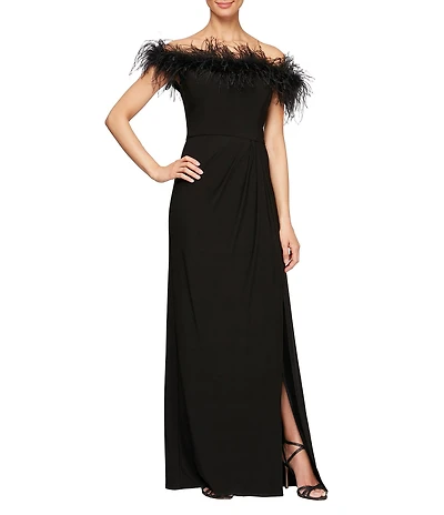 Alex Evenings Stretch Matte Jersey Feather Off-the-Shoulder Cap Sleeve Ruched Front Slit Gown
