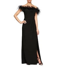 Alex Evenings Stretch Matte Jersey Feather Off-the-Shoulder Cap Sleeve Ruched Front Slit Gown