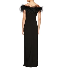 Alex Evenings Stretch Matte Jersey Feather Off-the-Shoulder Cap Sleeve Ruched Front Slit Gown