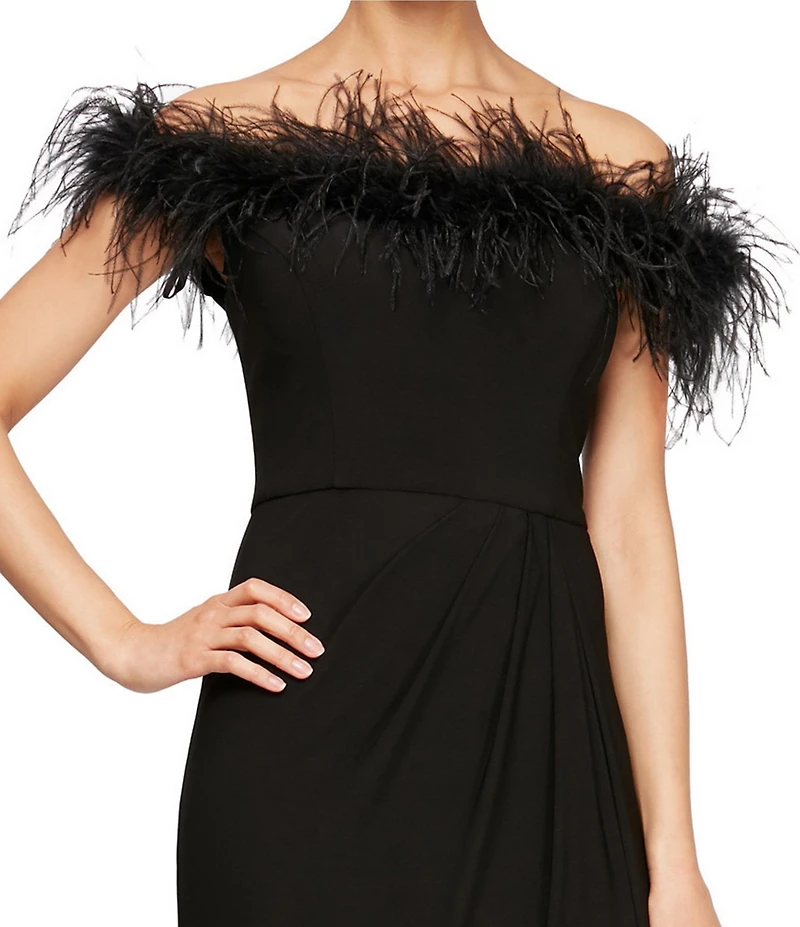 Alex Evenings Stretch Matte Jersey Feather Off-the-Shoulder Cap Sleeve Ruched Front Slit Gown