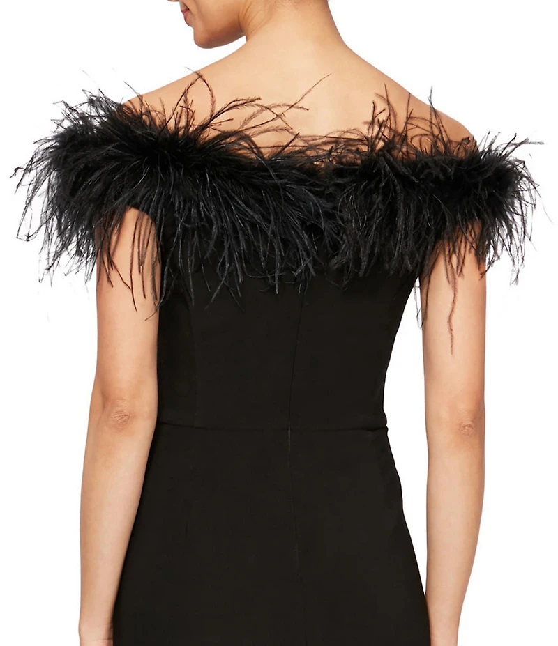 Alex Evenings Stretch Matte Jersey Feather Off-the-Shoulder Cap Sleeve Ruched Front Slit Gown