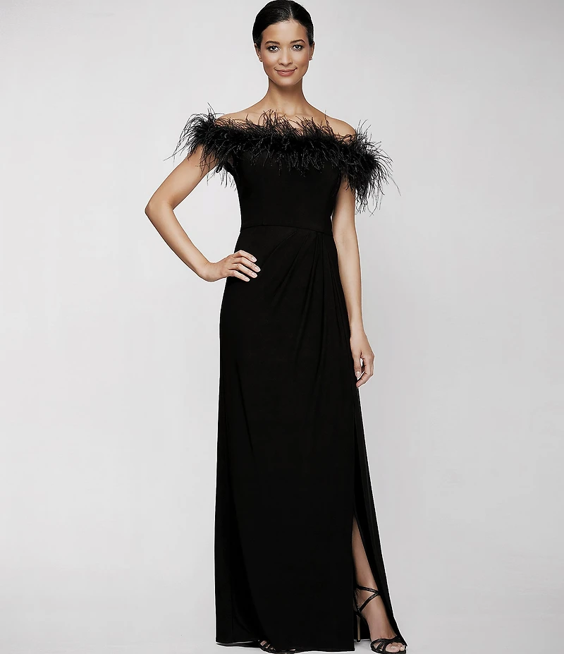 Alex Evenings Stretch Matte Jersey Feather Off-the-Shoulder Cap Sleeve Ruched Front Slit Gown