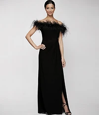 Alex Evenings Stretch Matte Jersey Feather Off-the-Shoulder Cap Sleeve Ruched Front Slit Gown