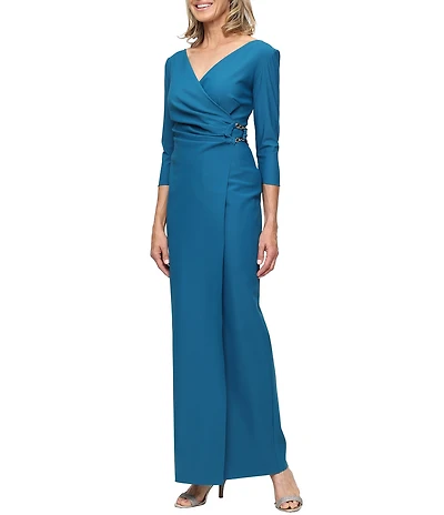 Alex Evenings Stretch Scuba Long Sleeve Cascade Ruffle Detail Long Gown