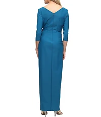 Alex Evenings Stretch Scuba Long Sleeve Cascade Ruffle Detail Long Gown