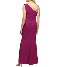 Alex Evenings Stretch Scuba One Shoulder Cascade Ruffle Detail Long Gown