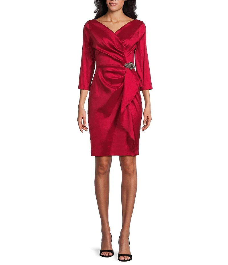 Alex Evenings Stretch Taffeta 3/4 Sleeve Hip Embellishment Sheath Dress