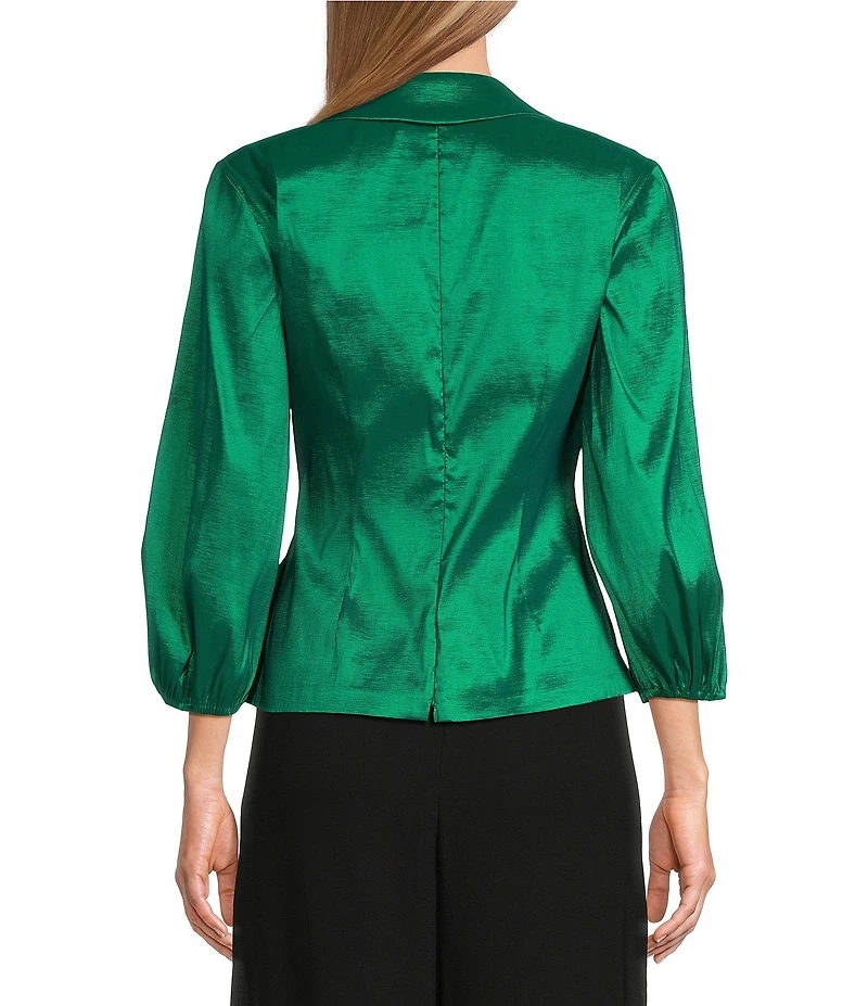 Alex Evenings Stretch Taffeta Collared V-Neck 3/4 Balloon Sleeve Tie Sash Wrap Top