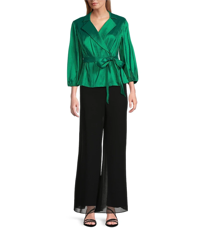 Alex Evenings Stretch Taffeta Collared V-Neck 3/4 Balloon Sleeve Tie Sash Wrap Top