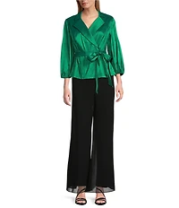 Alex Evenings Stretch Taffeta Collared V-Neck 3/4 Balloon Sleeve Tie Sash Wrap Top