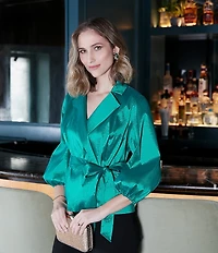 Alex Evenings Stretch Taffeta Collared V-Neck 3/4 Balloon Sleeve Tie Sash Wrap Top