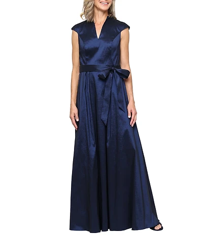 Alex Evenings Stretch Taffeta Extended Shoulder V Neck Long Dress