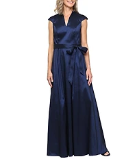Alex Evenings Stretch Taffeta Extended Shoulder V Neck Long Dress