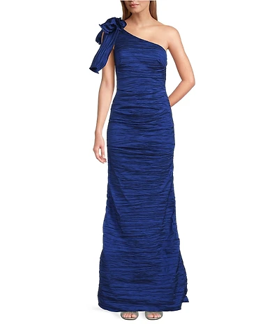 Alex Evenings Stretch Taffeta One Shoulder Bow Long Gown