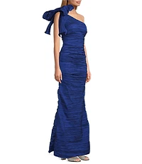 Alex Evenings Stretch Taffeta One Shoulder Bow Long Gown