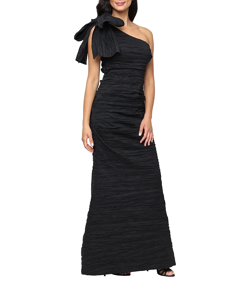 Alex Evenings Stretch Taffeta One Shoulder Bow Long Gown