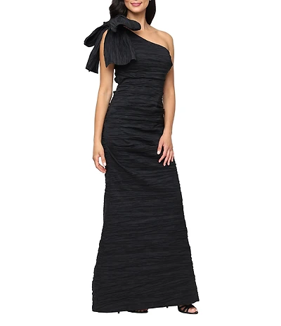 Alex Evenings Stretch Taffeta One Shoulder Bow Long Gown