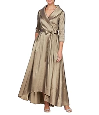 Alex Evenings Stretch Taffeta Portrait Collar 3/4 Sleeve High Low Hem Belted Gown