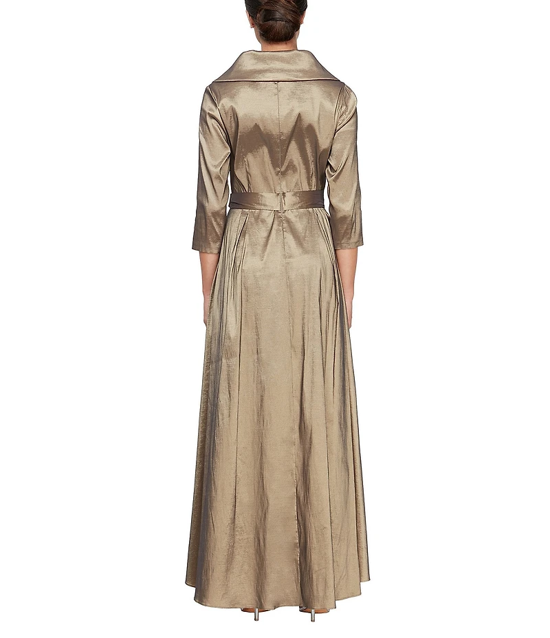 Alex Evenings Stretch Taffeta Portrait Collar 3/4 Sleeve High Low Hem Belted Gown