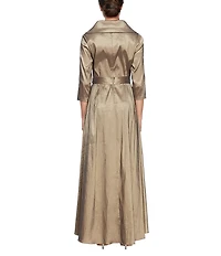 Alex Evenings Stretch Taffeta Portrait Collar 3/4 Sleeve High Low Hem Belted Gown