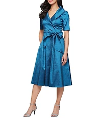 Alex Evenings Stretch Taffeta Portrait Collar Elbow Sleeve Tie Waist Midi Dress