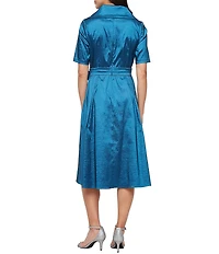 Alex Evenings Stretch Taffeta Portrait Collar Elbow Sleeve Tie Waist Midi Dress