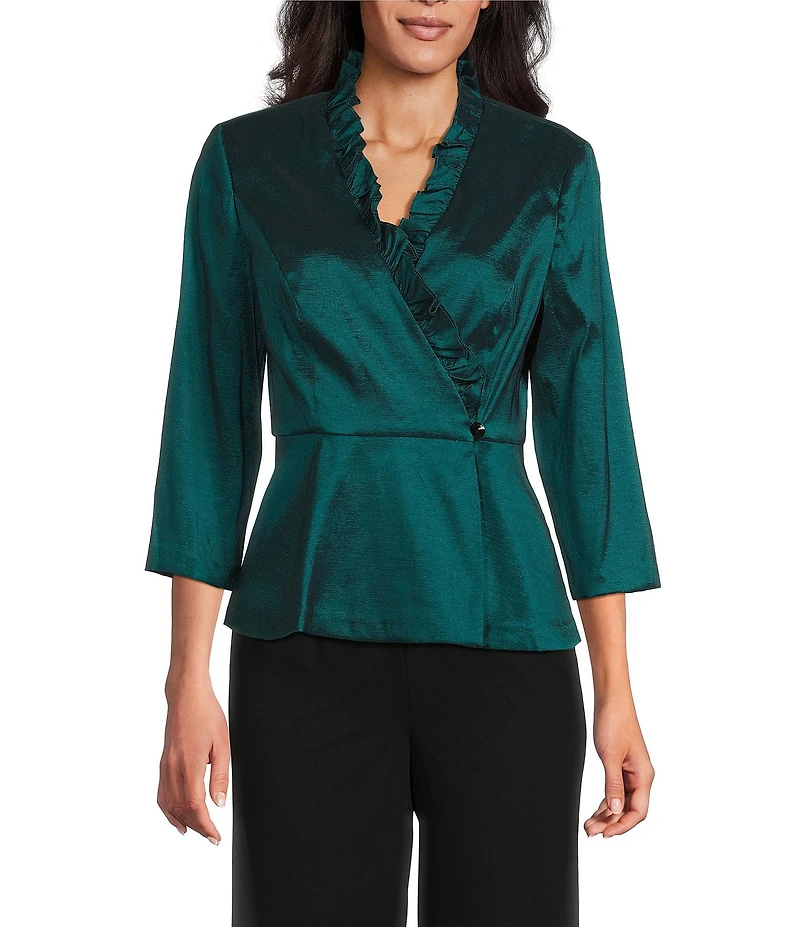 Alex Evenings Stretch Taffeta Ruffle Detail Surplice Neckline Peplum Hem Blouse Top