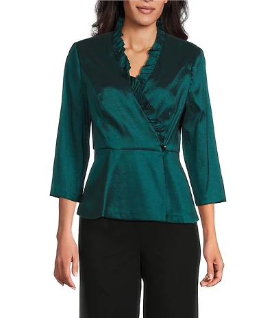 Alex Evenings Stretch Taffeta Ruffle Detail Surplice Neckline Peplum Hem Blouse Top