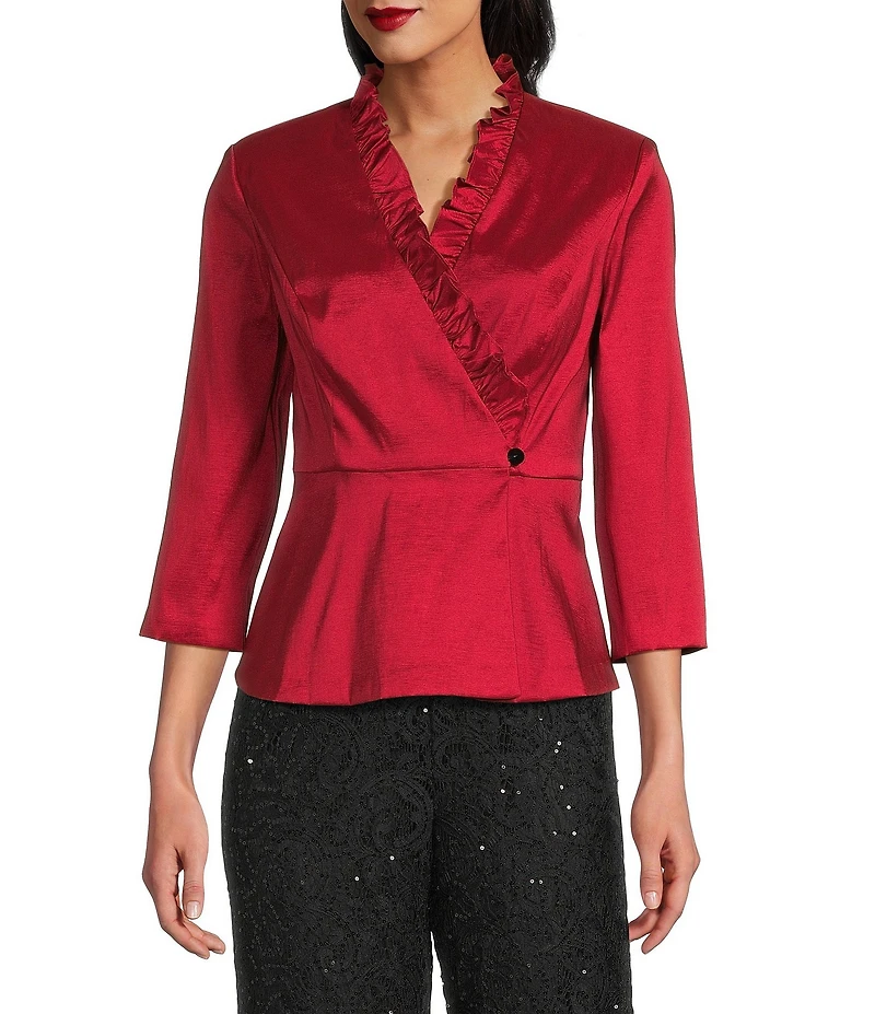 Alex Evenings Stretch Taffeta Ruffle Detail Surplice Neckline Peplum Hem Blouse Top