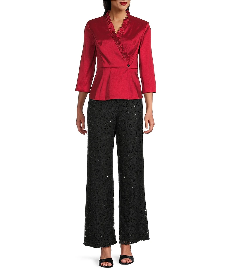 Alex Evenings Stretch Taffeta Ruffle Detail Surplice Neckline Peplum Hem Blouse Top