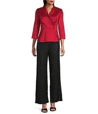 Alex Evenings Stretch Taffeta Ruffle Detail Surplice Neckline Peplum Hem Blouse Top