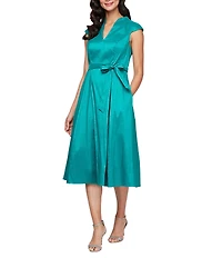Alex Evenings Stretch Taffeta V Neck Cap Sleeve Tie Sash A-Line Midi Dress