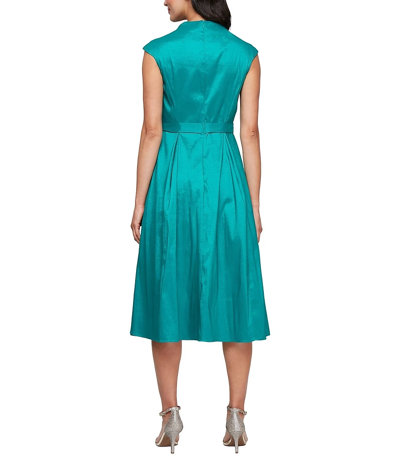 Alex Evenings Stretch Taffeta V Neck Cap Sleeve Tie Sash A-Line Midi Dress